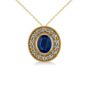 Blue Sapphire and Diamond Halo Oval Pendant Necklace 14k Yellow Gold 1.42ct - All