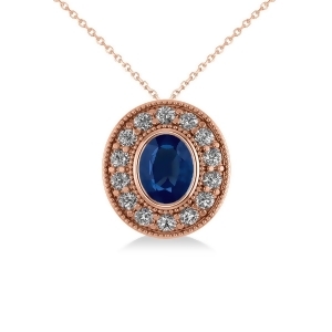 Blue Sapphire and Diamond Halo Oval Pendant Necklace 14k Rose Gold 1.42ct - All
