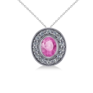 Pink Sapphire and Diamond Halo Oval Pendant Necklace 14k White Gold 1.42ct - All