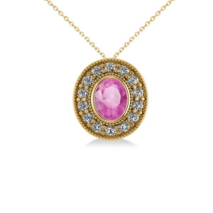 Pink Sapphire and Diamond Halo Oval Pendant Necklace 14k Yellow Gold 1.42ct - All