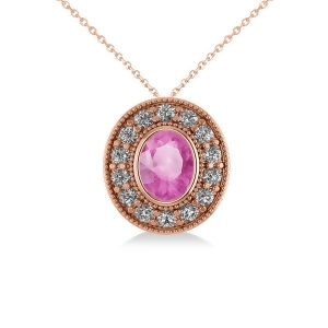 Pink Sapphire and Diamond Halo Oval Pendant Necklace 14k Rose Gold 1.42ct - All