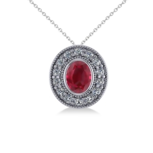 Ruby and Diamond Halo Oval Pendant Necklace 14k White Gold 1.48ct - All