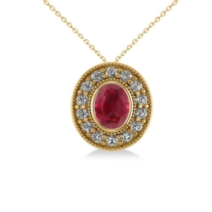 Ruby and Diamond Halo Oval Pendant Necklace 14k Yellow Gold 1.48ct - All