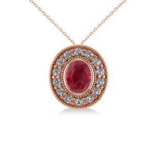 Ruby and Diamond Halo Oval Pendant Necklace 14k Rose Gold 1.48ct - All