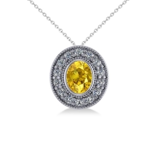 Yellow Sapphire and Diamond Halo Oval Pendant Necklace 14k White Gold 1.42ct - All