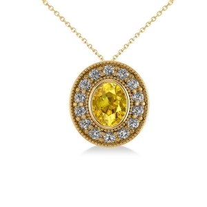 Yellow Sapphire and Diamond Halo Oval Pendant Necklace 14k Yellow Gold 1.42ct - All