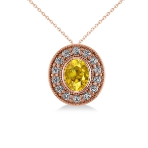 Yellow Sapphire and Diamond Halo Oval Pendant Necklace 14k Rose Gold 1.42ct - All
