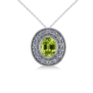 Peridot and Diamond Halo Oval Pendant Necklace 14k White Gold 1.37ct - All