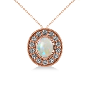 Opal and Diamond Halo Oval Pendant Necklace 14k Rose Gold 0.89ct - All