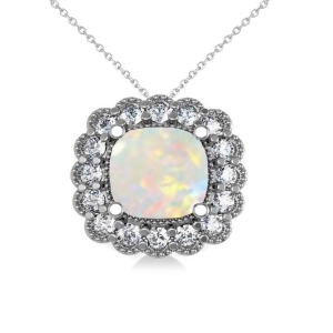 Opal and Diamond Floral Cushion Pendant Necklace 14k White Gold 1.68ct - All