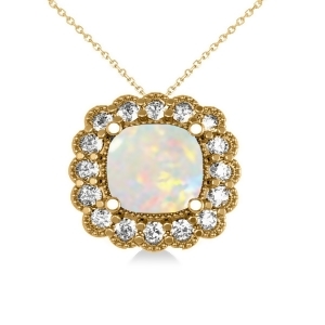 Opal and Diamond Floral Cushion Pendant Necklace 14k Yellow Gold 1.68ct - All
