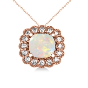 Opal and Diamond Floral Cushion Pendant Necklace 14k Rose Gold 1.68ct - All