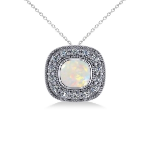Opal and Diamond Halo Cushion Pendant Necklace 14k White Gold 0.97ct - All
