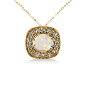 Opal and Diamond Halo Cushion Pendant Necklace 14k Yellow Gold 0.97ct - All