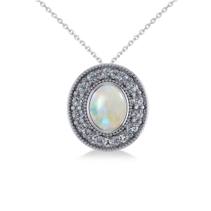 Opal and Diamond Halo Oval Pendant Necklace 14k White Gold 0.89ct - All