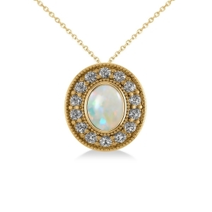 Opal and Diamond Halo Oval Pendant Necklace 14k Yellow Gold 0.89ct - All