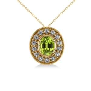 Peridot and Diamond Halo Oval Pendant Necklace 14k Yellow Gold 1.37ct - All