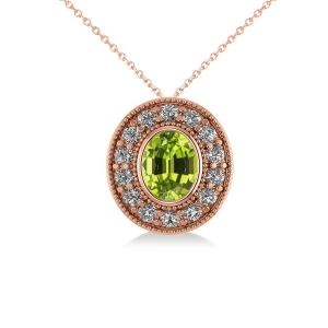 Peridot and Diamond Halo Oval Pendant Necklace 14k Rose Gold 1.37ct - All