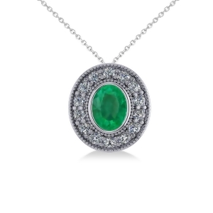 Emerald and Diamond Halo Oval Pendant Necklace 14k White Gold 1.27ct - All