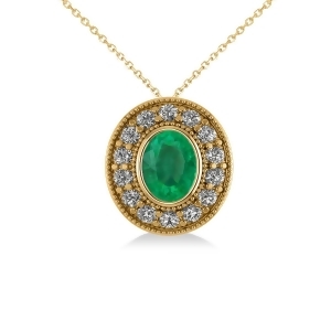Emerald and Diamond Halo Oval Pendant Necklace 14k Yellow Gold 1.27ct - All