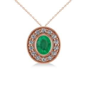 Emerald and Diamond Halo Oval Pendant Necklace 14k Rose Gold 1.27ct - All