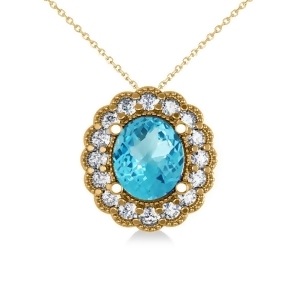 Blue Topaz and Diamond Floral Oval Pendant Necklace 14k Yellow Gold 2.98ct - All