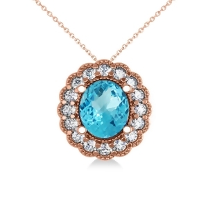 Blue Topaz and Diamond Floral Oval Pendant Necklace 14k Rose Gold 2.98ct - All