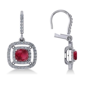 Ruby and Diamond Double Halo Dangling Earrings 14k White Gold 3.00ct - All