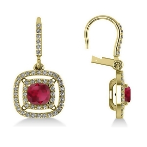 Ruby and Diamond Double Halo Dangling Earrings 14k Yellow Gold 3.00ct - All
