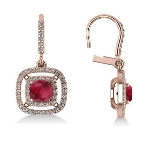 Ruby and Diamond Double Halo Dangling Earrings 14k Rose Gold 3.00ct - All