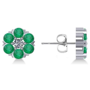 Emerald and Diamond Cluster Stud Earrings 14k White Gold 2.10ct - All