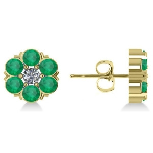 Emerald and Diamond Cluster Stud Earrings 14k Yellow Gold 2.10ct - All