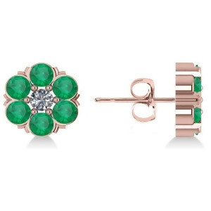 Emerald and Diamond Cluster Stud Earrings 14k Rose Gold 2.10ct - All