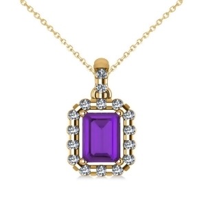 Diamond and Emerald Cut Amethyst Halo Pendant Necklace 14k Yellow Gold 1.24ct - All