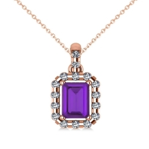 Diamond and Emerald Cut Amethyst Halo Pendant Necklace 14k Rose Gold 1.24ct - All