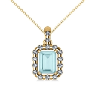 Diamond and Emerald Cut Aquamarine Halo Pendant Necklace 14k Yellow Gold 1.04ct - All
