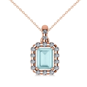 Diamond and Emerald Cut Aquamarine Halo Pendant Necklace 14k Rose Gold 1.04ct - All