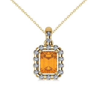 Diamond and Emerald Cut Citrine Halo Pendant Necklace 14k Yellow Gold 1.24ct - All