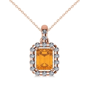 Diamond and Emerald Cut Citrine Halo Pendant Necklace 14k Rose Gold 1.24ct - All
