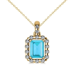Diamond and Emerald Cut Blue Topaz Halo Pendant Necklace 14k Yellow Gold 1.49ct - All