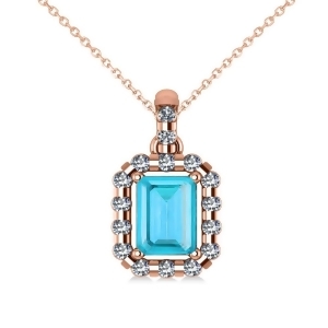 Diamond and Emerald Cut Blue Topaz Halo Pendant Necklace 14k Rose Gold 1.49ct - All