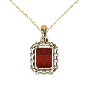 Diamond and Emerald Cut Garnet Halo Pendant Necklace 14k Yellow Gold 1.44ct - All