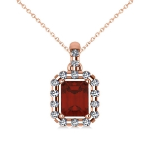 Diamond and Emerald Cut Garnet Halo Pendant Necklace 14k Rose Gold 1.44ct - All