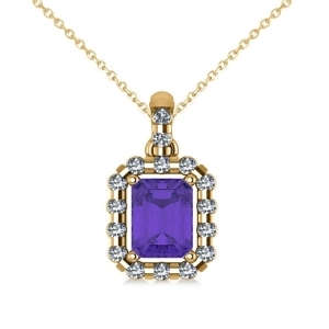 Diamond and Emerald Cut Tanzanite Halo Pendant Necklace 14k Yellow Gold 1.39ct - All