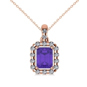 Diamond and Emerald Cut Tanzanite Halo Pendant Necklace 14k Rose Gold 1.39ct - All