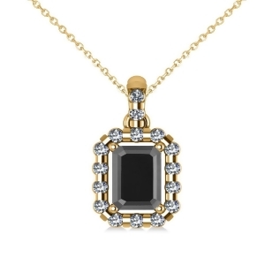 Diamond and Emerald Cut Black Diamond Halo Pendant Necklace 14k Yellow Gold 1.30ct - All