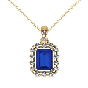 Diamond and Emerald Cut Blue Sapphire Halo Pendant Necklace 14k Yellow Gold 1.39ct - All