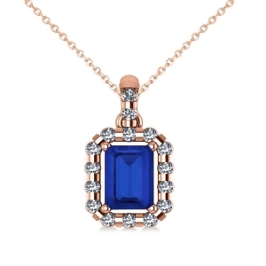 Diamond and Emerald Cut Blue Sapphire Halo Pendant Necklace 14k Rose Gold 1.39ct - All