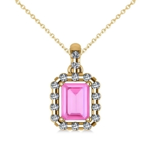 Diamond and Emerald Cut Pink Sapphire Halo Pendant Necklace 14k Yellow Gold 1.39ct - All