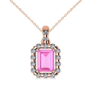 Diamond and Emerald Cut Pink Sapphire Halo Pendant Necklace 14k Rose Gold 1.39ct - All